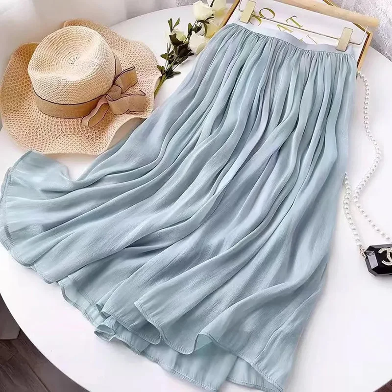 Chiffon Skirts Women Voile Pleated Fashion Loose Thin Summer Mesh Solid High Waist Skirts Elegant Sweet Pretty Style Lady Dress