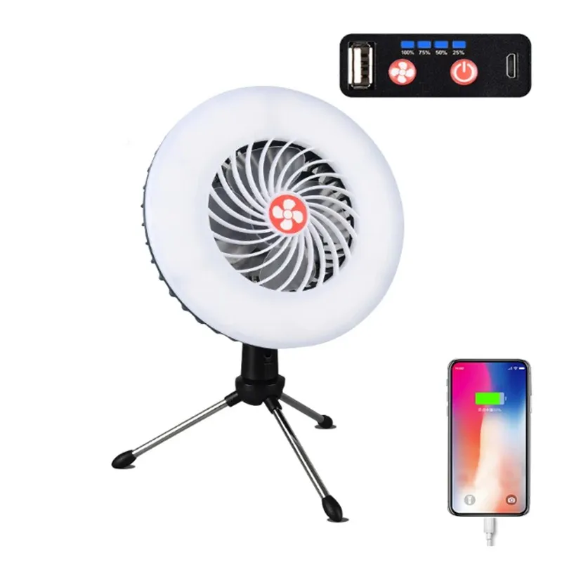 Portable 2 IN 1 Camping Fan Light Multifunction Power Bank Rechargeable LED Tent Hanging Fan Lamp Fan Lantern For Outdoor Hiking