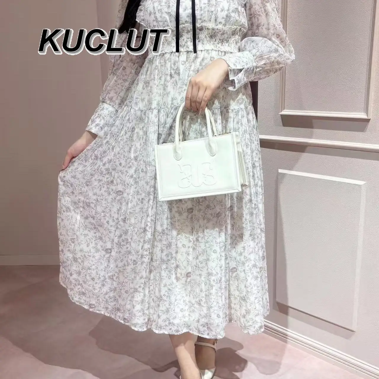 Vintage elegante jurken voor dames 2025, nieuwe Japanse stijl, stropdas, zoete bloemen, geplooide jurk met lange mouwen, lente en herfst