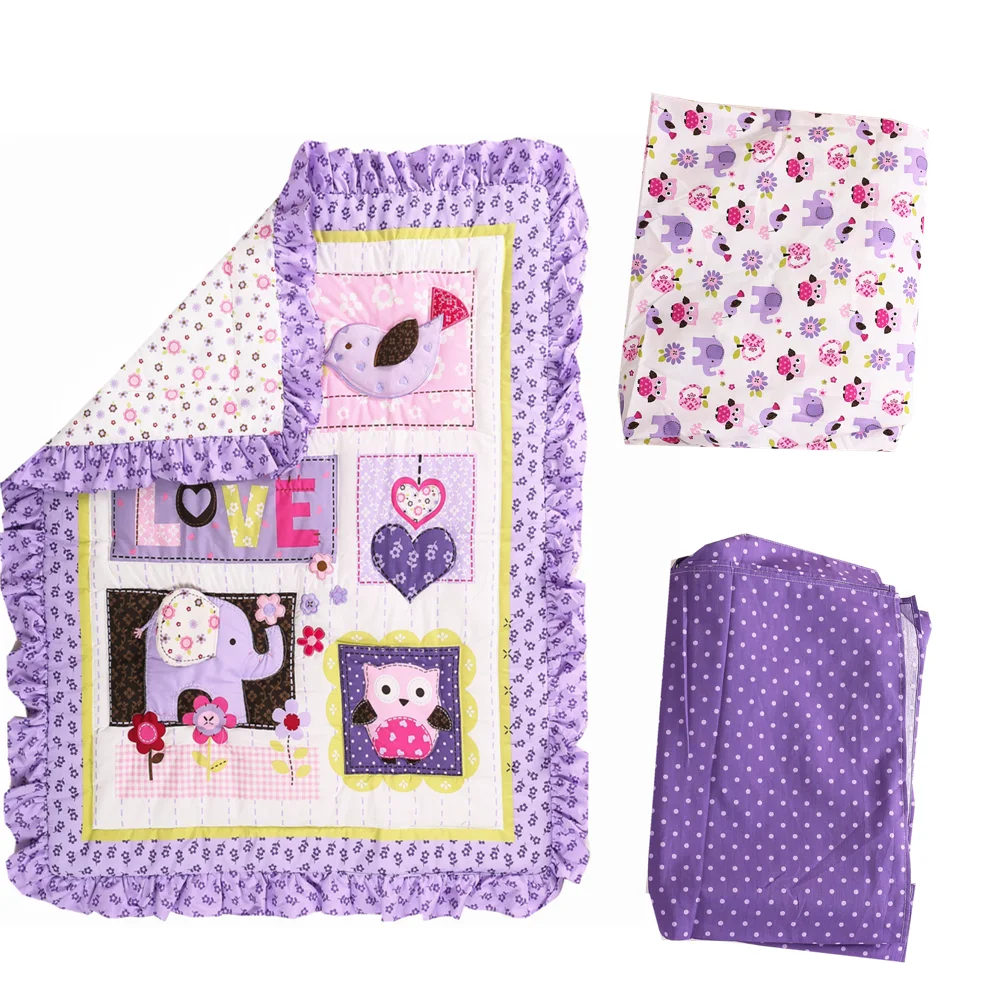 Sábana bajera de algodón para cuna de bebé, juego de ropa de cama para niños pequeños, edredón para bebé, falda para cuna, color morado, 3 piezas