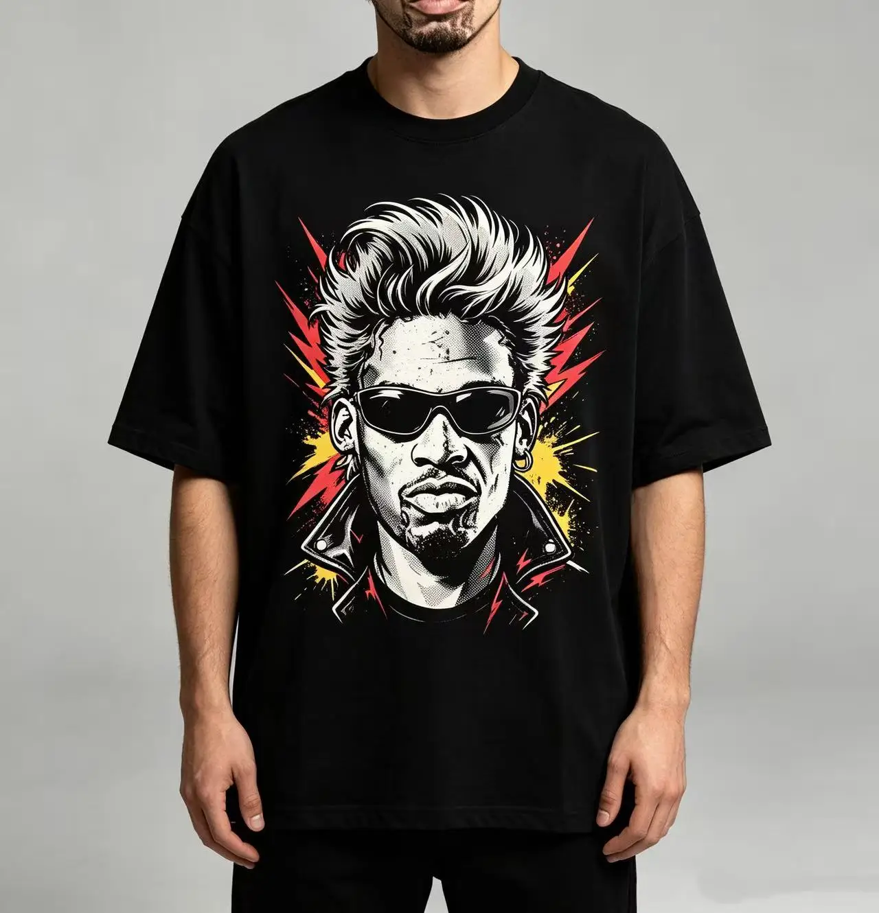 Unisex Retro Punk Rock Man With Sunglasses Pop Art Graphic T‑Shirt Men Women Street Fashion Oversized Cotton Tee