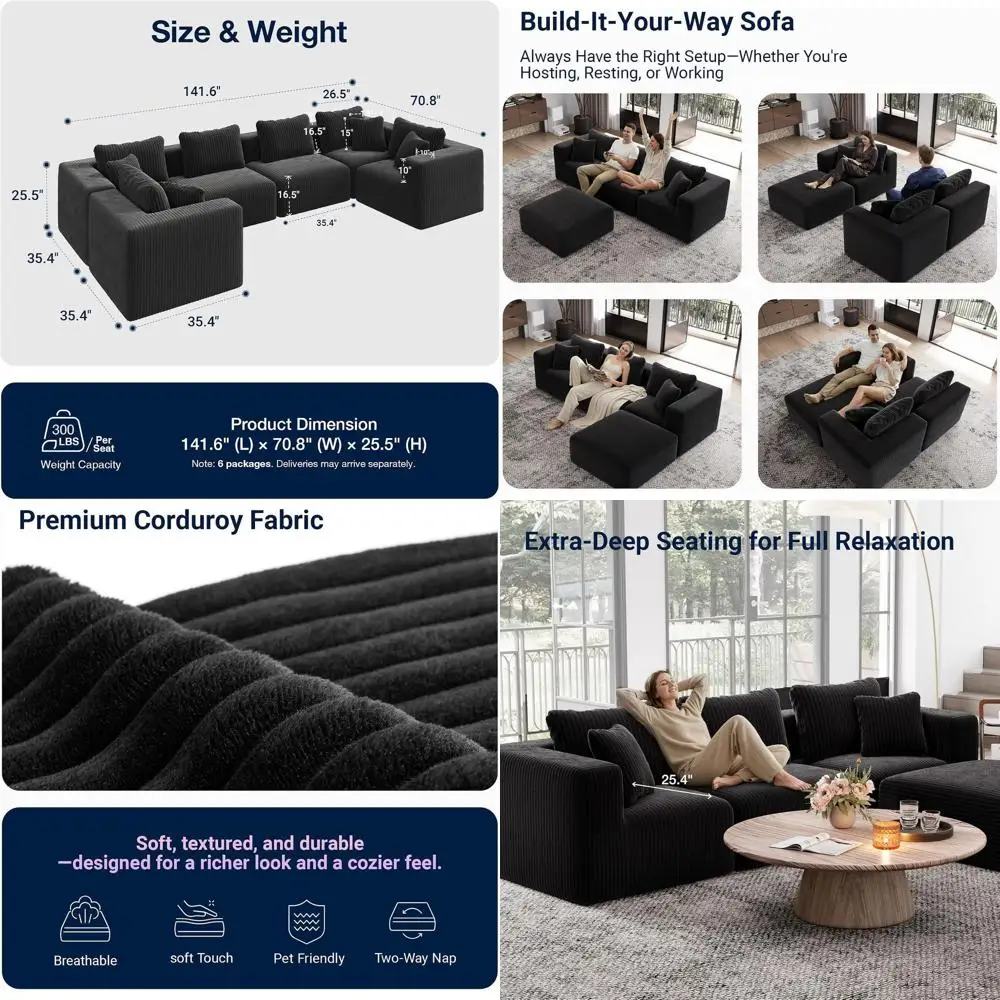 

6-местный секционный диван с независимыми пружинными блоками, тканевой обивкой, не требующий сборки, комплект из 6 предметов для большой гостиной