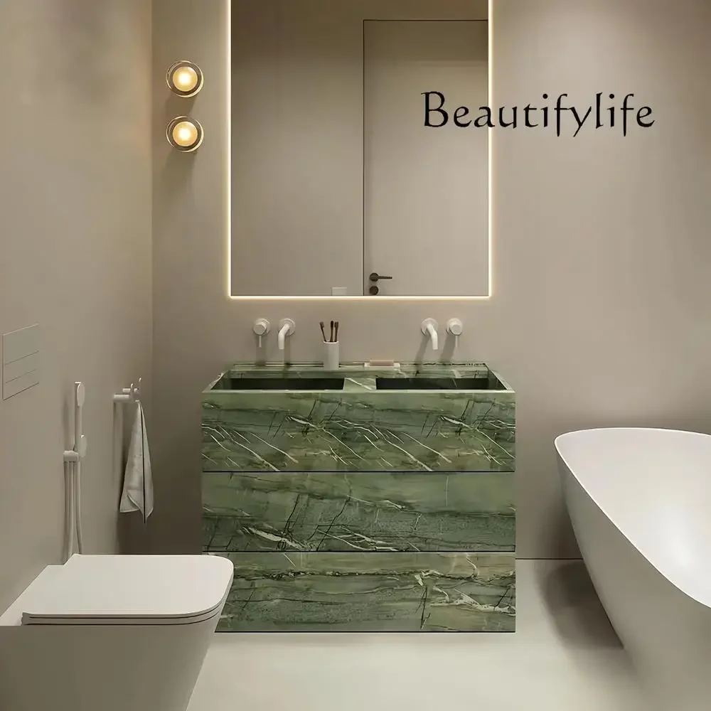 

aQ X "Vintage Green Jade Marble Vanity - Retro Slate Floor Standing Bathroom Sink Cabinet Customizable Luxury Washbasin"