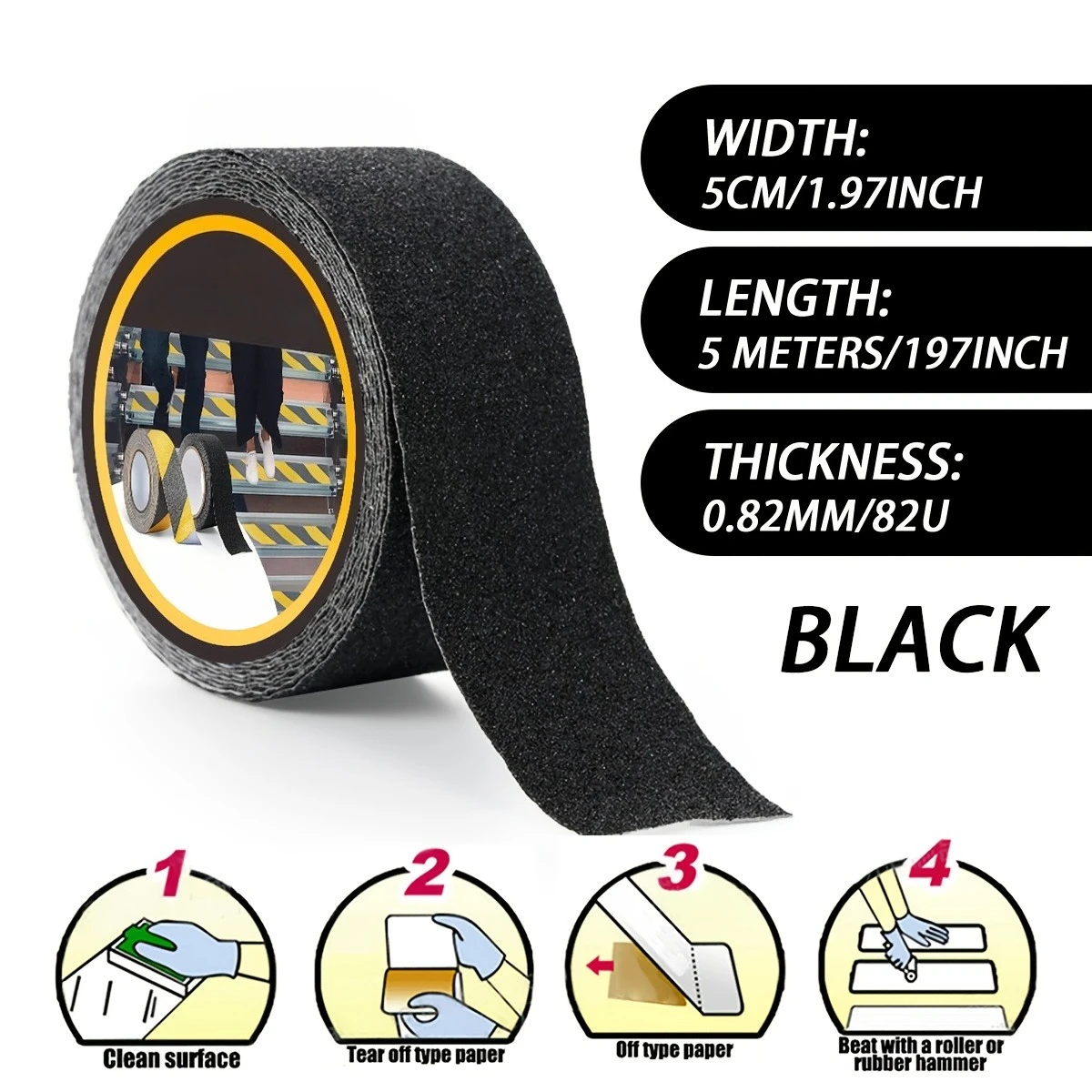 1 لفة شريط أمان مضاد للانزلاق، يستخدم للسلالم والخطوات، مع شريط طحن احتكاك عالي الجر للدواسات، شريط تحذيري للخطر #4