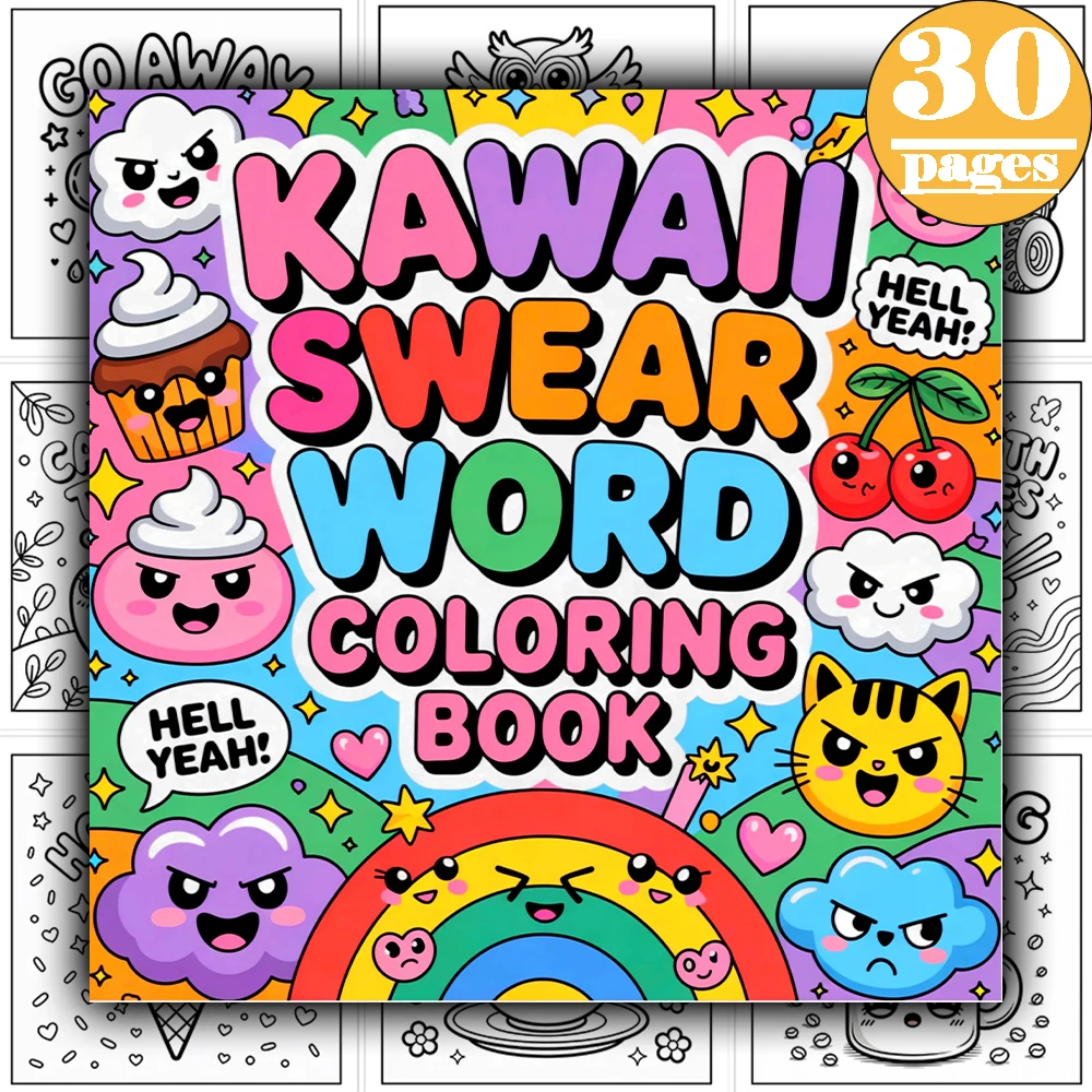Kawaii Swear Word Coloring Book Cute Funny Stress Relief Bold Easy Designs Large Print 30 Pages Square Paperback Sassy Quotes Re