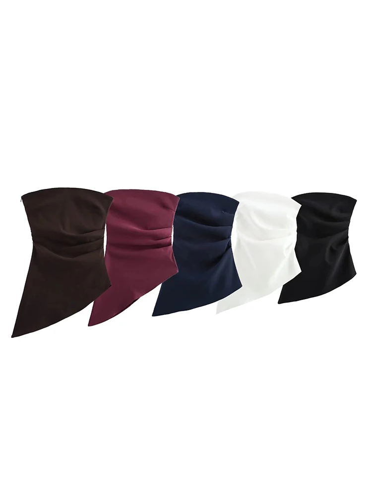 

Willshela Women Fashion Wine Red Pleated Side Zipper Tops Vintage Slash Neck Strapless Female Chic Lady Top