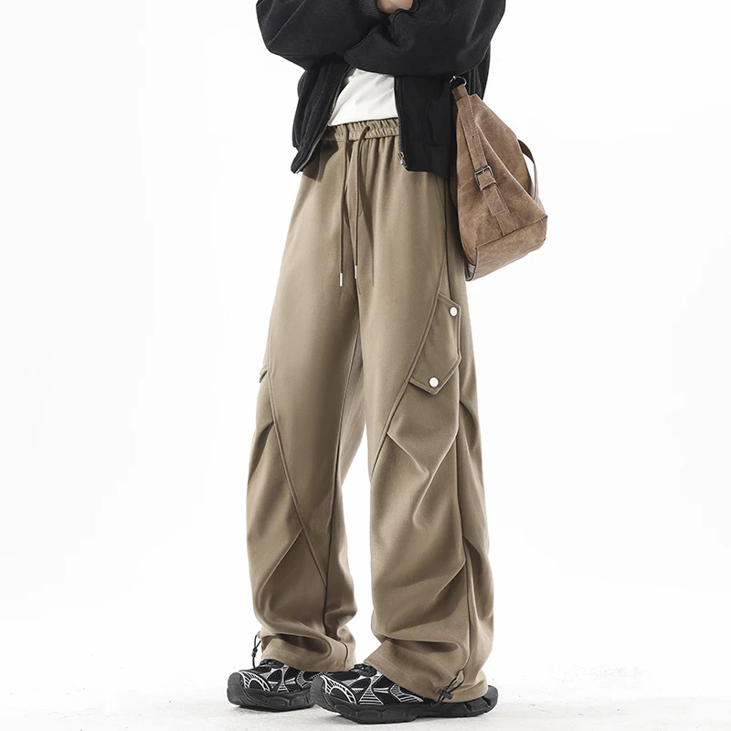 

Male Cargo Pants American Style Pleated Wide Leg Loose Fit Utility Pants Spring Autumn Streetwear Casual Straight Leg Trousers