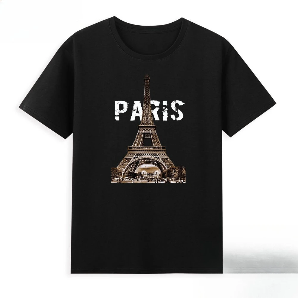 

Eiffel Tower Short-sleeved T-shirt Adult Clothes Pure Cotton Printing European and American Retro Nostalgic Paris Men's Trendy