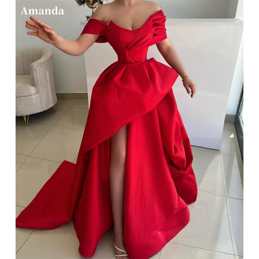

Amanda Customized Red Off Shoulder Ball Gown Prom Dresses Pleated Sleeveless vestidos de noche Satin Side Split Formal Evening
