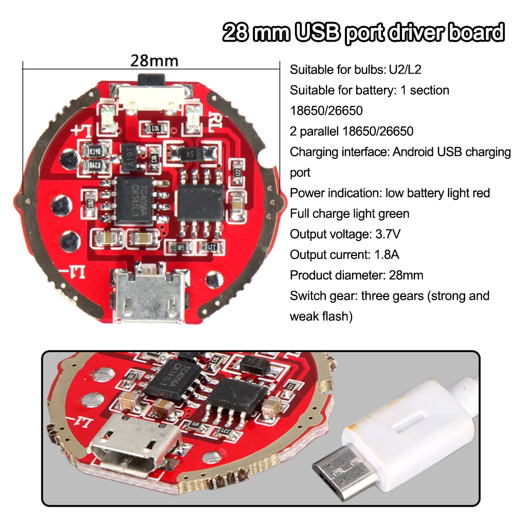 強力なLEDライト,25mm,26mm,28mm,USB28充電ドライバー付き,電源回路基板,18650バッテリー用