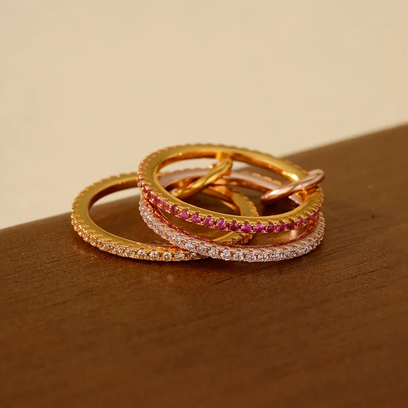 

S925 sterling silver women's ring gold-plated zircon tricolor interlocking fashion jewelry party accessories