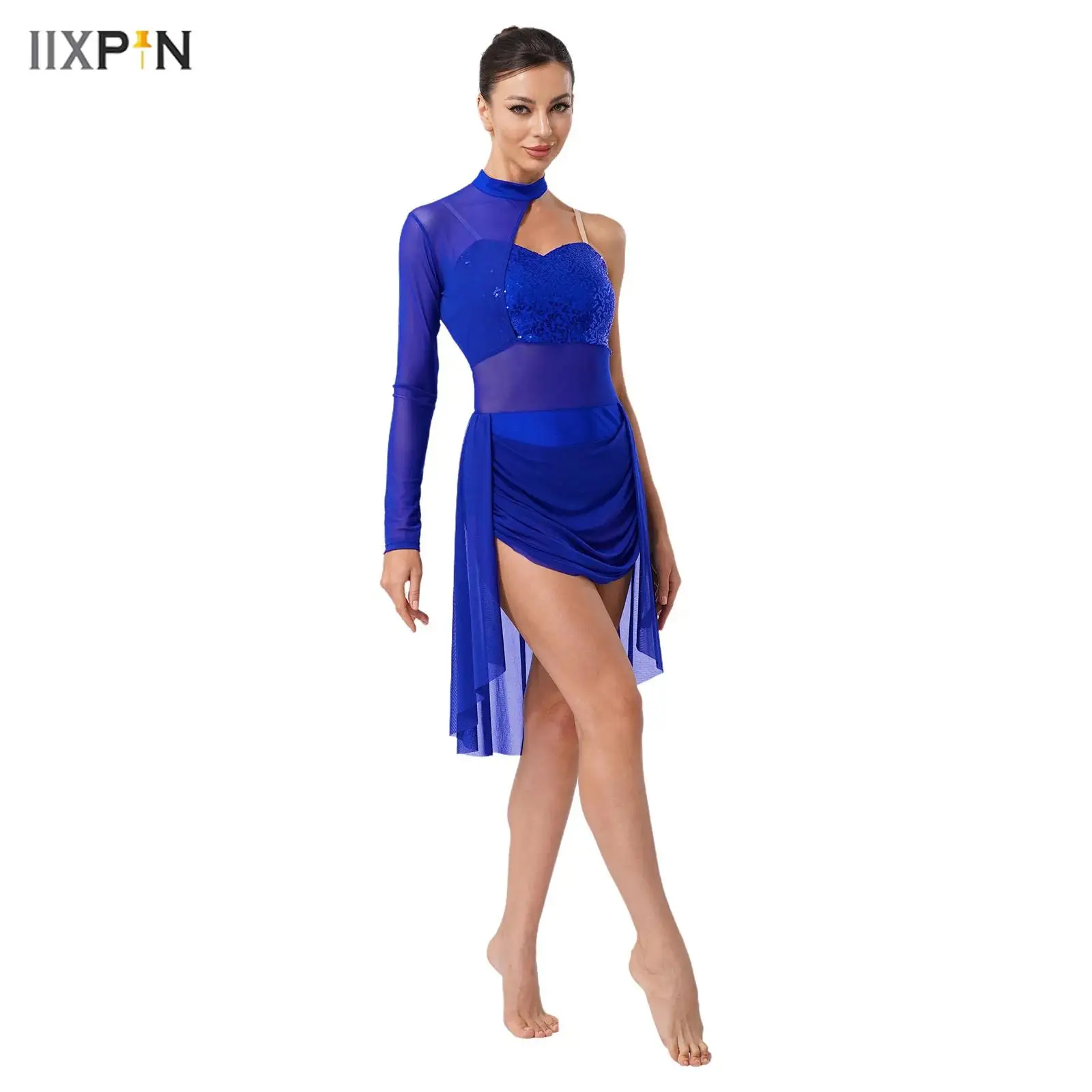 

Women Lyrical Dance Dress Turtleneck Adjustable Spaghetti Strap One Shoulder Sparkly Sequined See-through Mesh Skirted Leotard