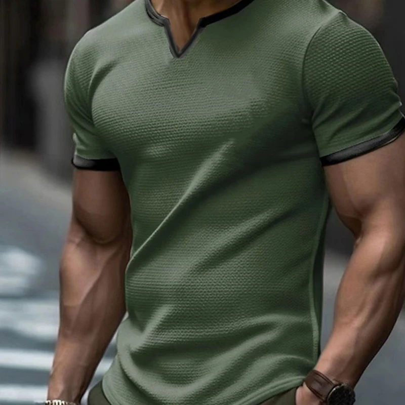 T-shirt à Manches Courtes et Col en V pour Homme, Vêtement Décontracté en Patchwork, Couleur Unie, Style Gaufré, pour Loisirs, Printemps et Été,