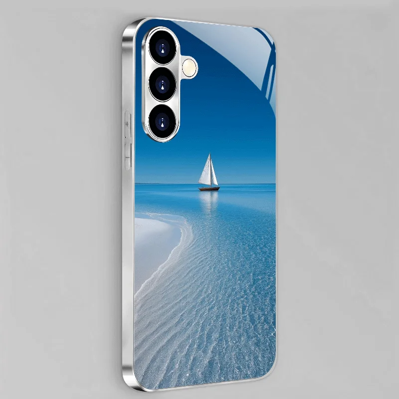 Beautiful blue sea sailing pattern electroplated glass Phone Case, Suitable for Samsung S26/S25/S24/S23/S22/S21/and other models
