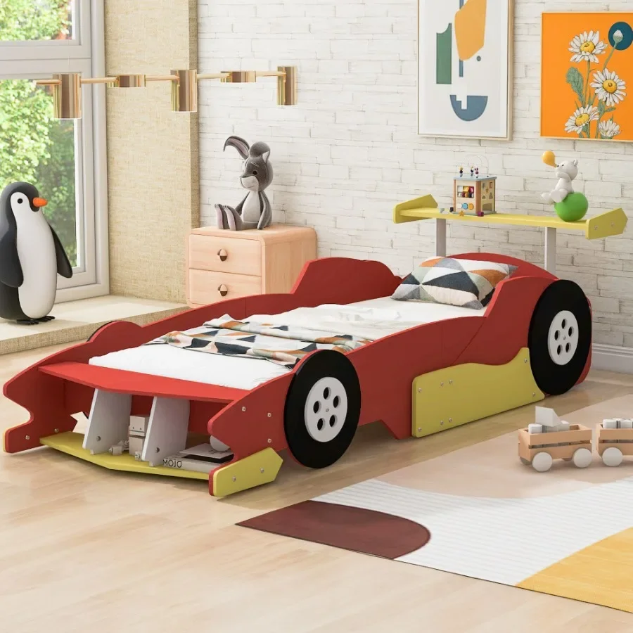

Twin Size Race Car-Shaped Platform Bed with Wheels Red