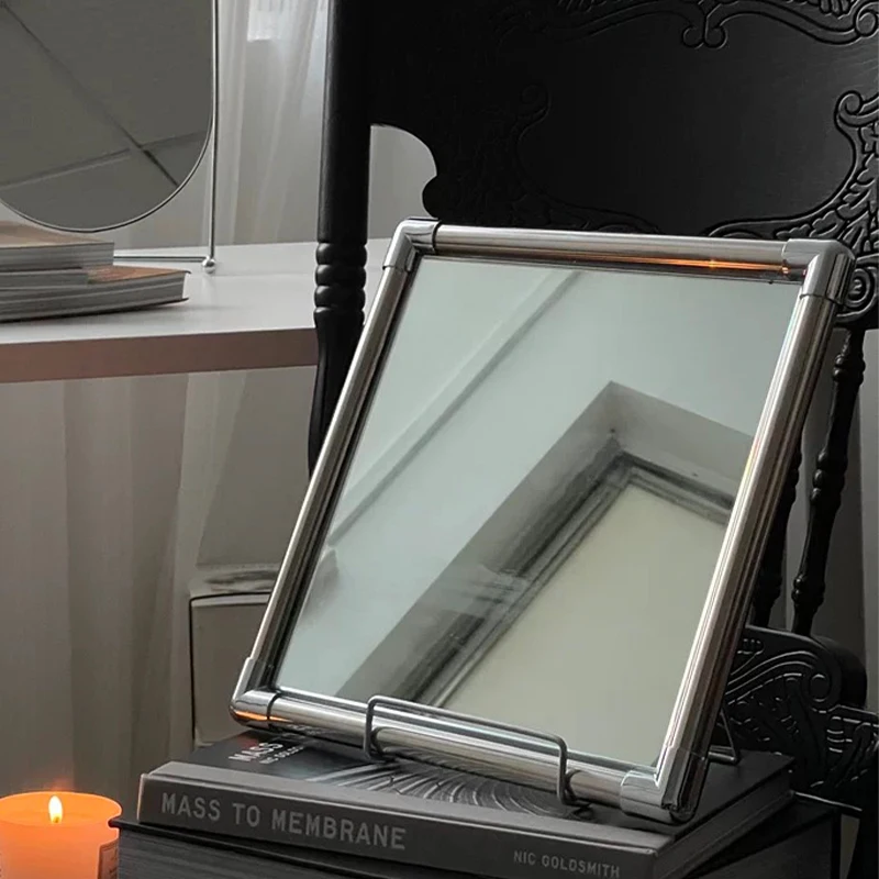 Nordic Stainless Steel Vanity Mirror Square Frame Wall Mounted Glass Makeup Mirror with Tray for Bathroom Decor