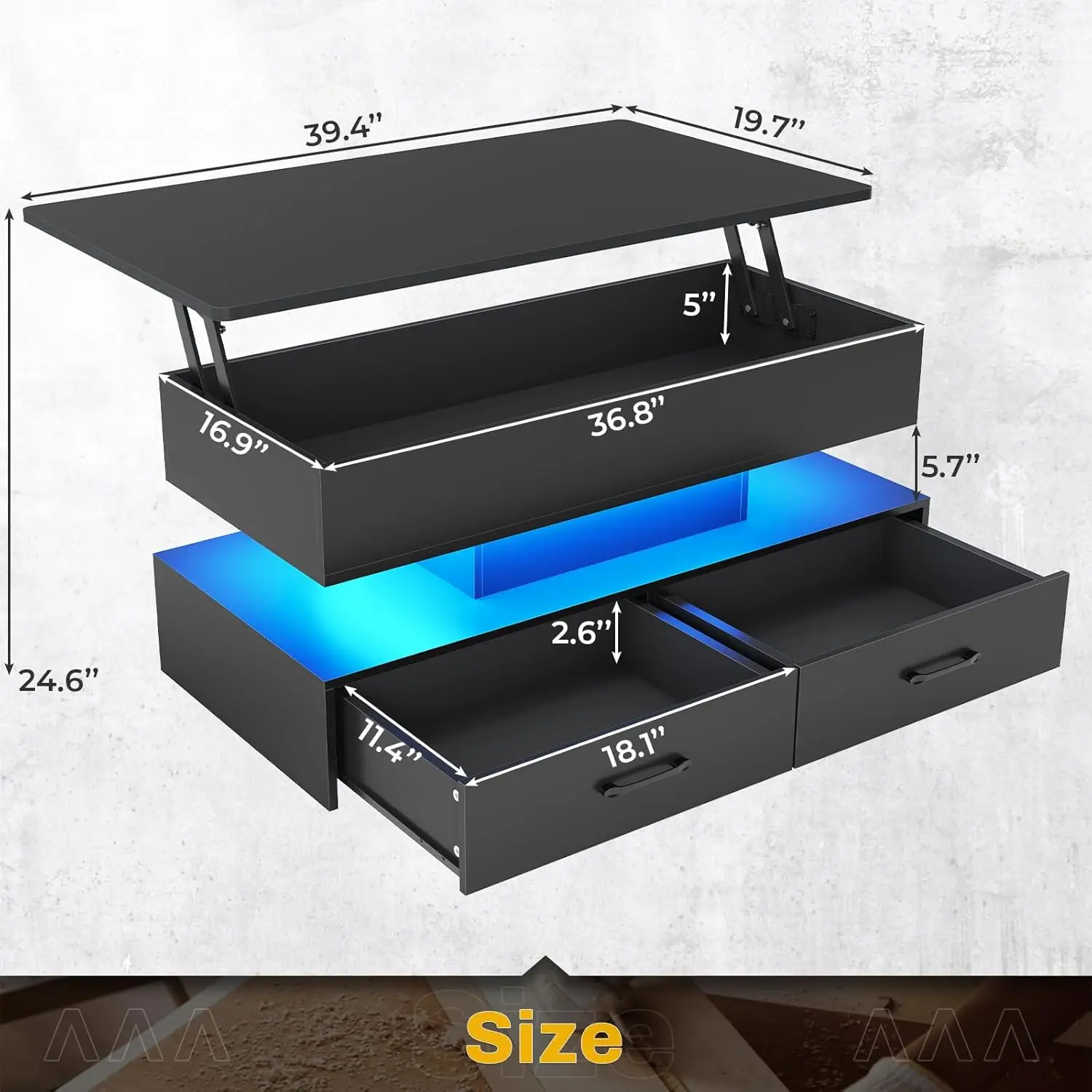 Storage Coffee Table with Lift Top and LED Light for Living Room, Small 2-Drawer Table for Modern Home Decor