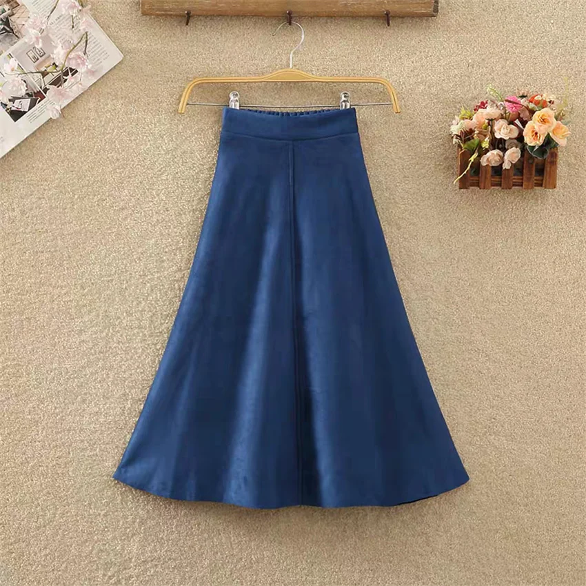 Gowyimme Spring Autumn Vintage Women High Waist Suede Skirt Girl Midi-long A-line Solid Skirts Bottomings Retro Big Swing PD1744