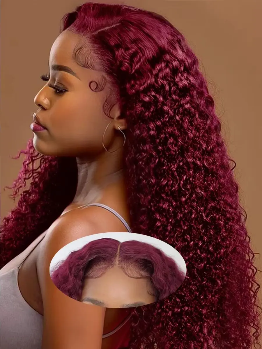 

Deep Wave Wine Red Colored Human Hair Wigs #99J Lace Frontal Wig with HD Skin-melt Swiss Lace For Women Burgundy Wig