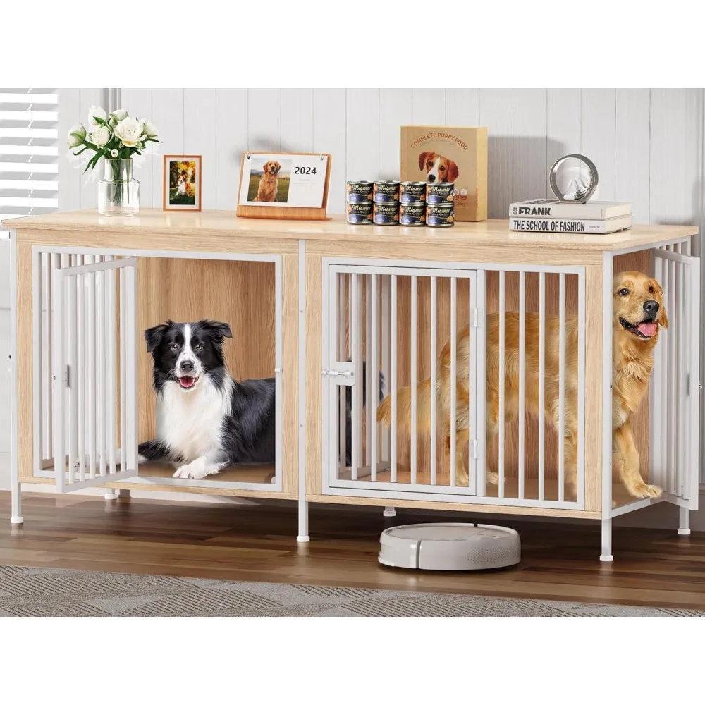 

78" Double Dog Crate, XXL Wooden, for Large Breeds, Can Be TV Stand, with Divider