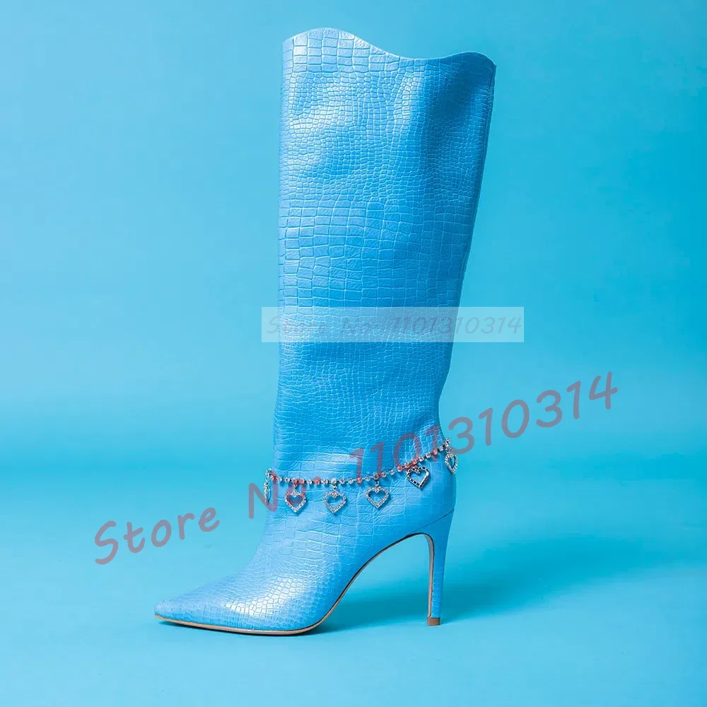 Pink Knee-length Boots With Crystal Hearts Chain Women Pointy High Heels Shoes Crocodile Sexy Office Ladies New Casual Boots image 4