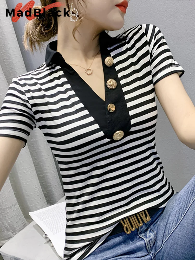 

MadBlack V Necks Patchwork Tshirt Button Striped Short Sleeves T-shirts Bottoming Tees Fashion Cotton Tops Summer T32710Z