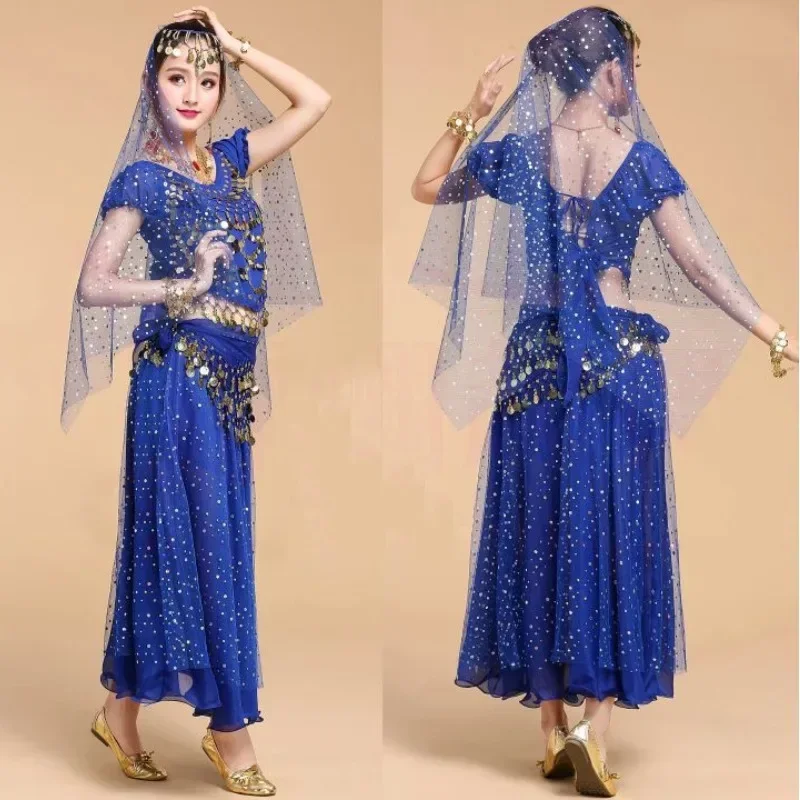 New India Belly Dance Costumes Set Adult Women Chiffon Sequin Top Skirt Suit Stage Performance Practice Wear Short Sleeve