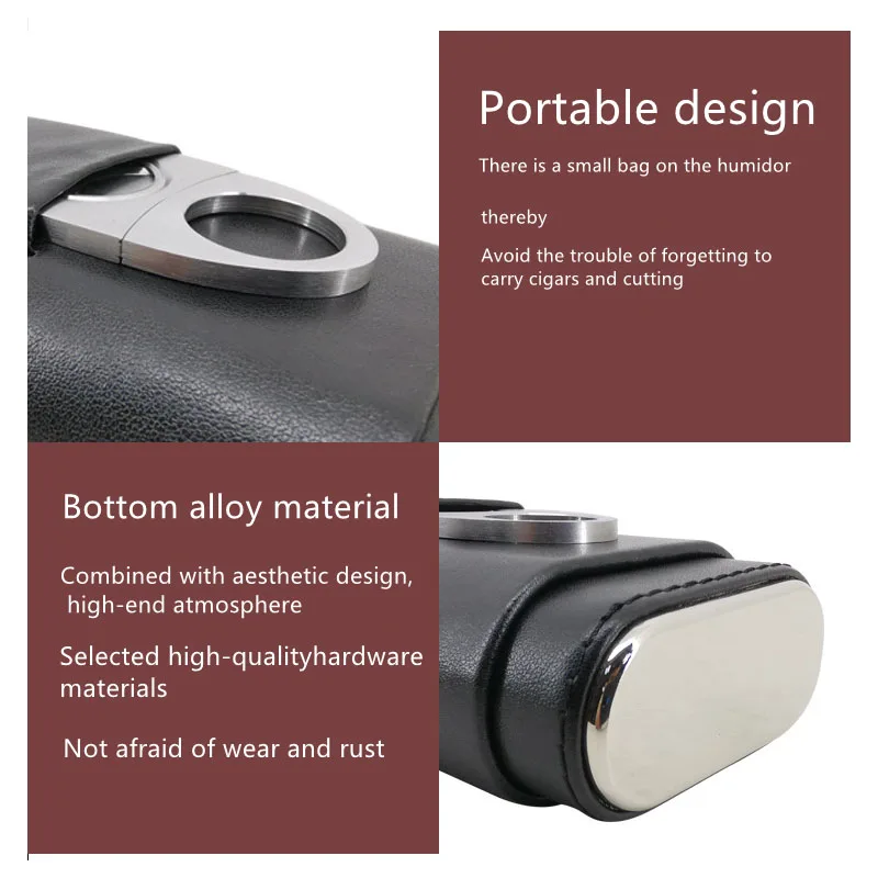 FOCUS-Three-Finger Portable Cigar Humidor, Leather Case with Silver Cigar Cutter, Brown and Black, Two Choices Cowhide Material