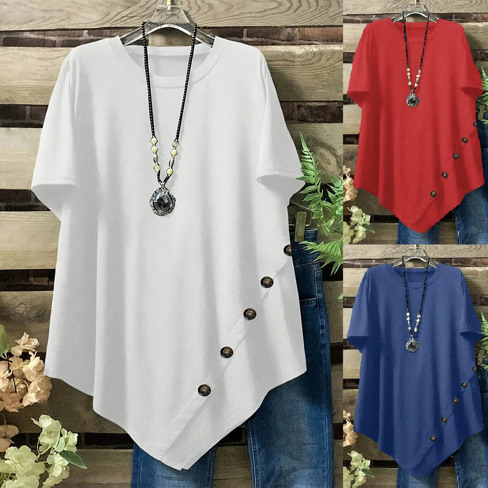 

Large Size Women's Casual Short Sleeve T-Shirt Decorative Button Shirt Korean Style Low Waist Milk Fiber Ladies Inner Wear