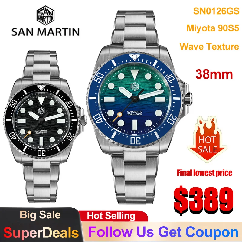 San Martin SN0126 Mechanical Watch New 38mm Wave Texture Dial Miyota 90S5 Automatic Movement 200m Waterproof Luxury Wristwatch