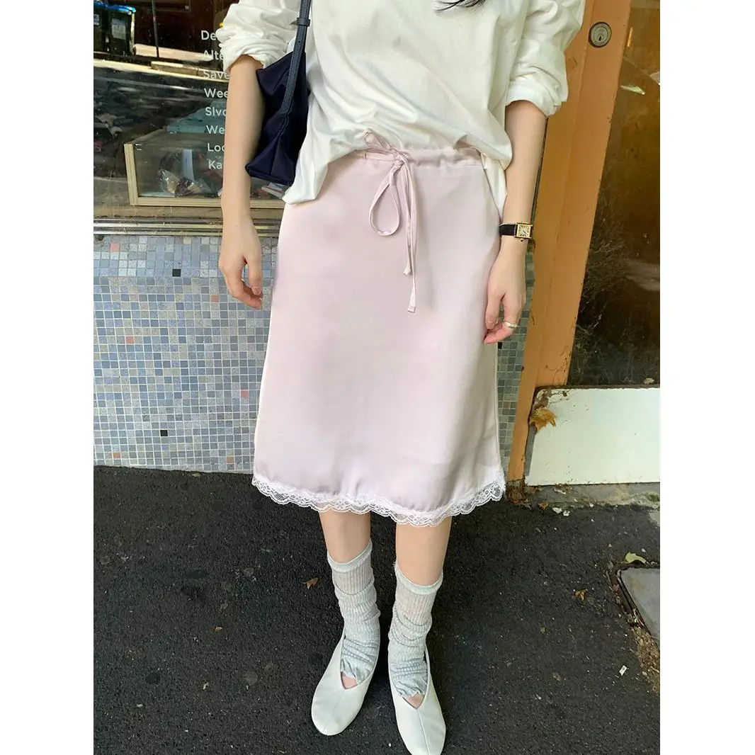 

Temperament Gentle Pink Satin Drawstring Lace-up Skirt Drape Thin Medium and Long Skirt Simple Thin