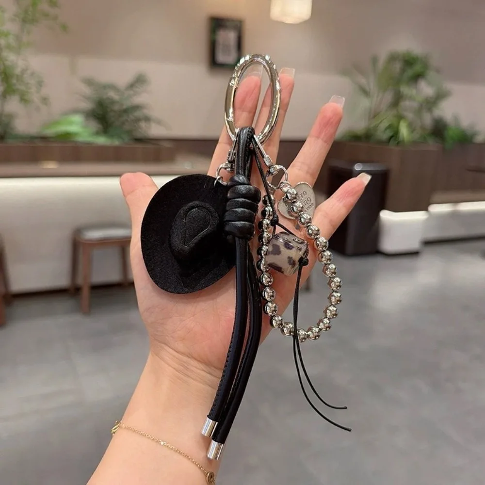 Handmade Braided Cowboy Hat Keychain Leopard Print Faux Leather Cowgirl Hat Keychain Good Fortune Charm Colorful Beaded