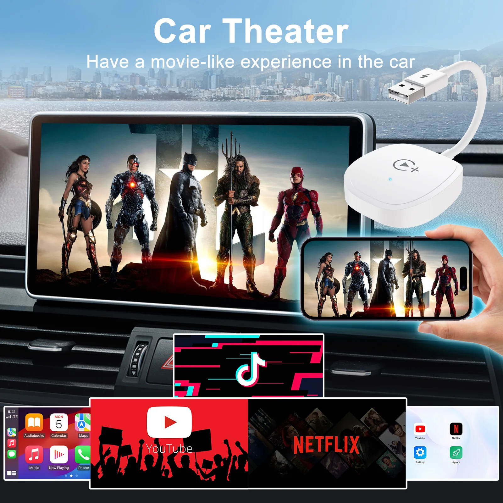 Wireless Video CarPlay Adapter With Netflix/YouTube/Tiktok, For OEM Wired CarPlay Cars