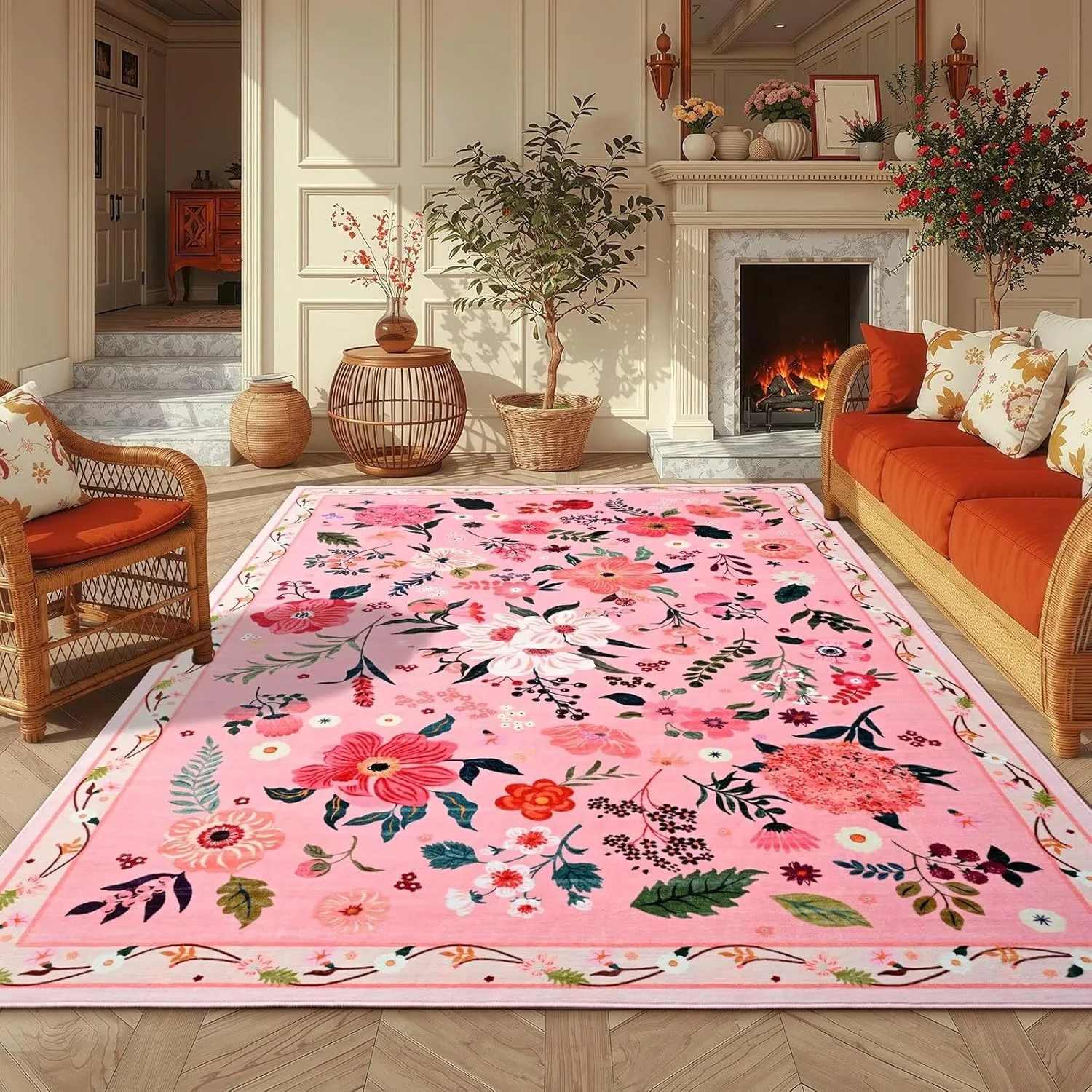 Pink Floral Rug Flowers Printed Washable Small Rugs with Backing for Girls Bedroom Decoration Kids Play Area Non Slip Floor Mat
