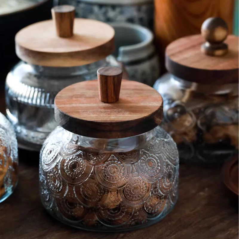 Retro Embossed Haitang Pattern Storage Jar Wooden Cover Storage Box Kitchen Household Miscellaneous Grains Snacks Storage Jar