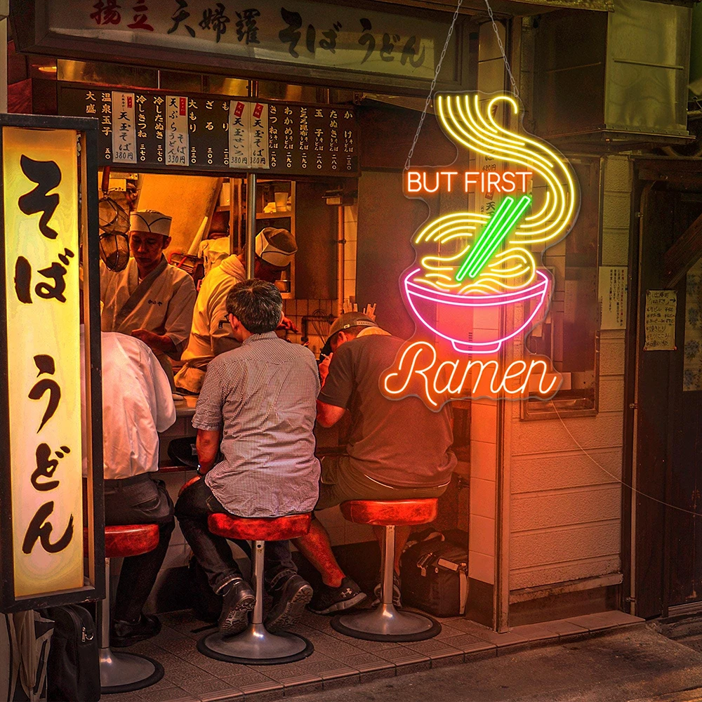 Maar Eerste Heerlijke Vliegende Noedels Neon Bord Japanse Ramen Kom Bord Custom Restaurant Keuken Decor Neon Licht Voedsel Winkel Decor