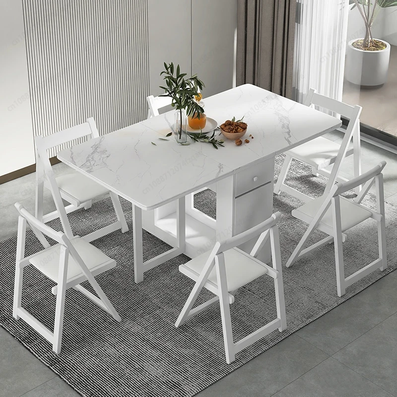 Folding Dining Table With Chair Set Movable Apartment Living Room Furniture Extension Combination Tables And Drawer Storage Rack