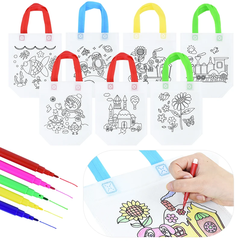 

10pcs DIY Graffiti Bag with Markers Handmade Painting Gift Bag for Children Arts Crafts Color Filling Drawing Toys Birthday Gift