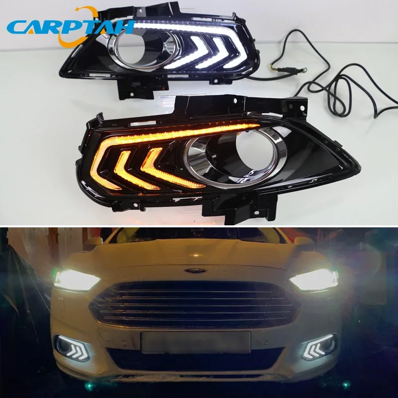 12V LED DRL Daylights For Ford Mondeo Fusion 2013 2014 2015 2016  Yellow Turn Signal Daytime Running Light Car Foglamp