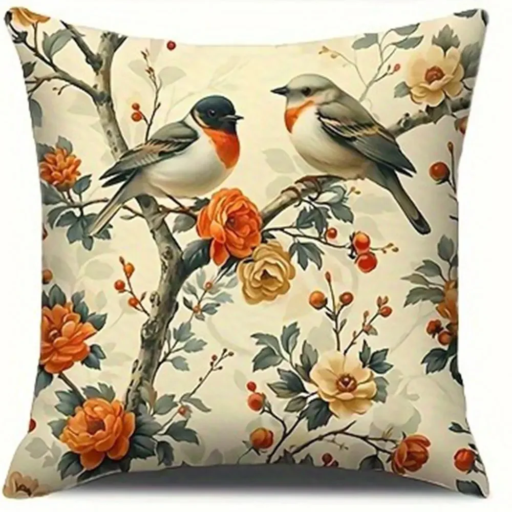Vintage Branch Bird Print Home Decor Pillowcase Bedroom Living Room Sofa Decoration  Cushion Cover with Zipper