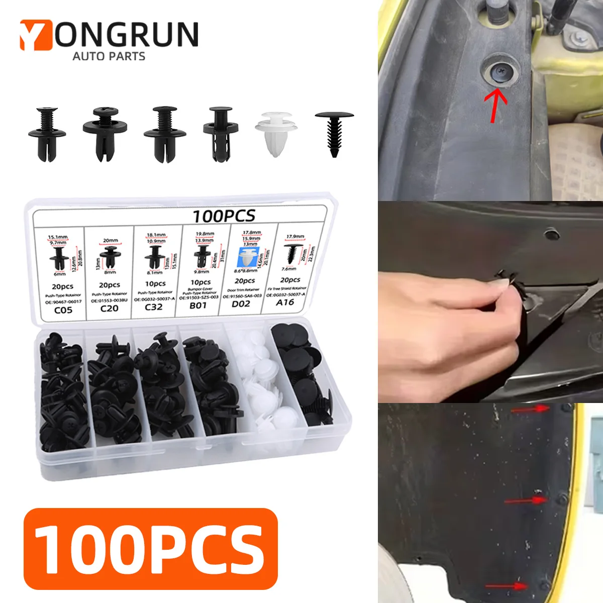 

YONGRUN 100 шт., крепежный зажим для бампера, автомобильный крепежный зажим, гибридный комплект, пластиковые заклепки, крепеж для автомобильного бампера, дверная декоративная панель, ремонт
