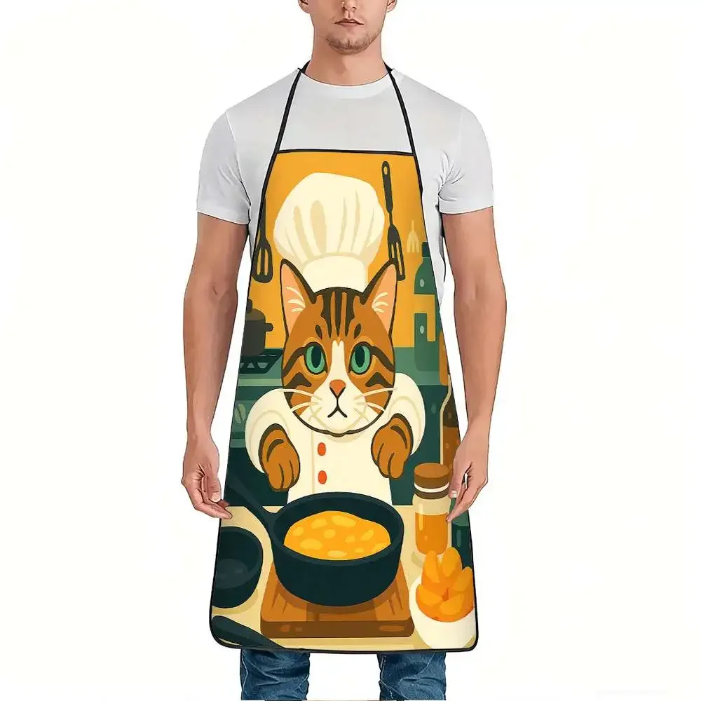 Chef Cat Apron Cartoon Cat In Toque Stirring Pan Kitchen Scene Print Polyester Unisex No Pocket