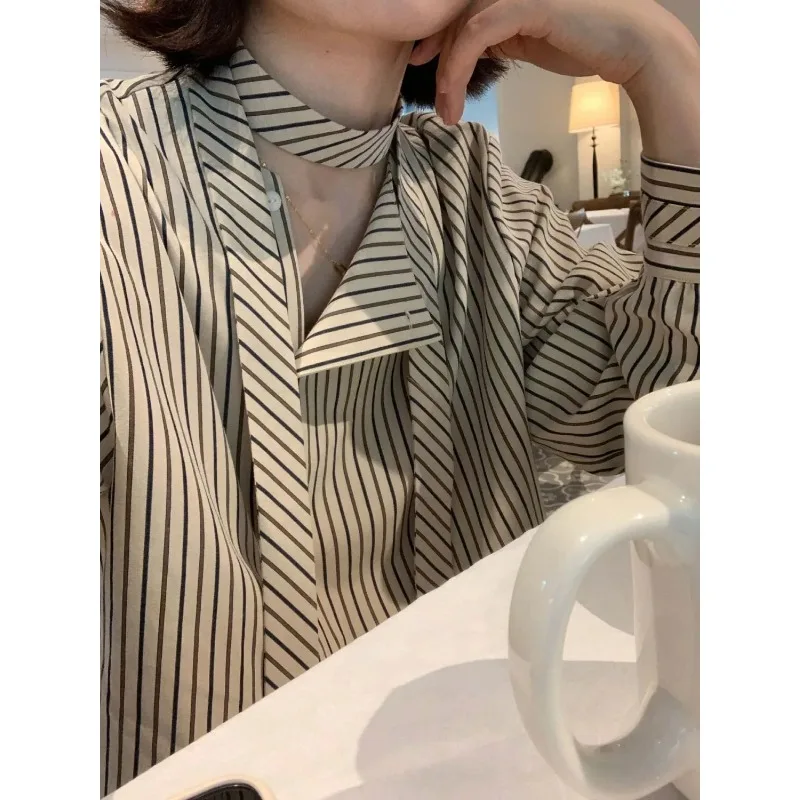 

Women's Luxury Striped Shirt Asymmetric Placket Oblique Button Design Tie Detail Elegant Casual Fall Blouse Unique Fashion Top