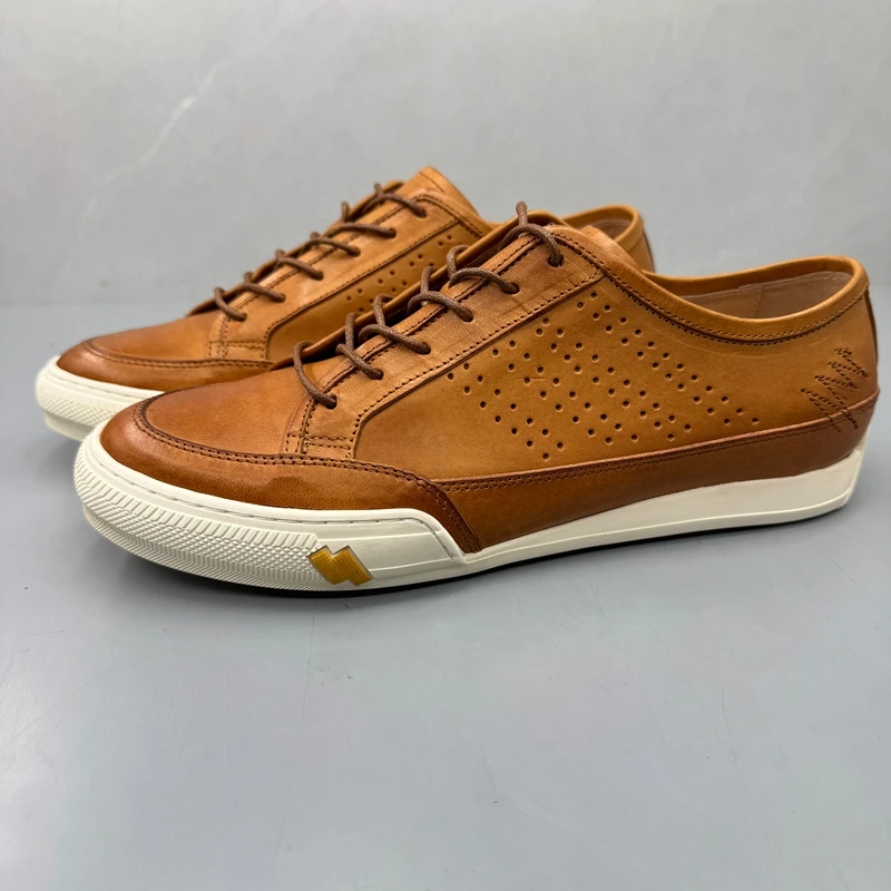 

Изысканная мужская кожаная куртка ручной работы с полым дизайном, дышащая повседневная повседневная обувь с круглым носком, плоский каблук, резиновая подошва