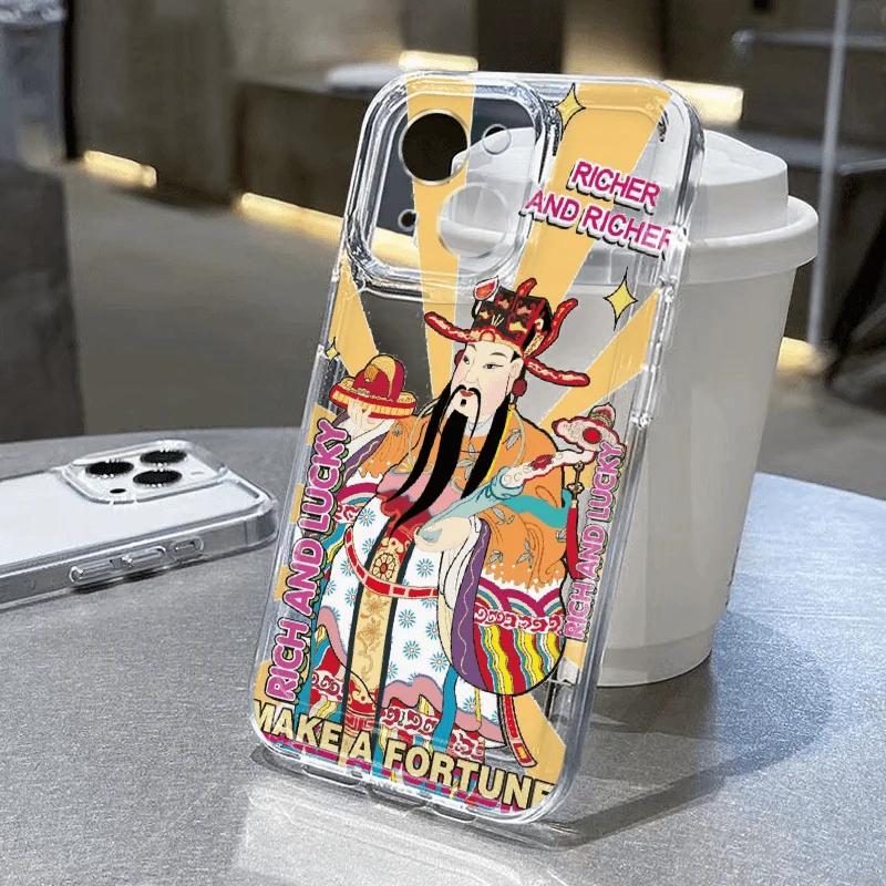 Cool God of wealth Phone Case For 15 16 promax 11 12 13 14 16 Pro XR Xs Max Fashion Cartoon Shockproof Transparent Soft Cover