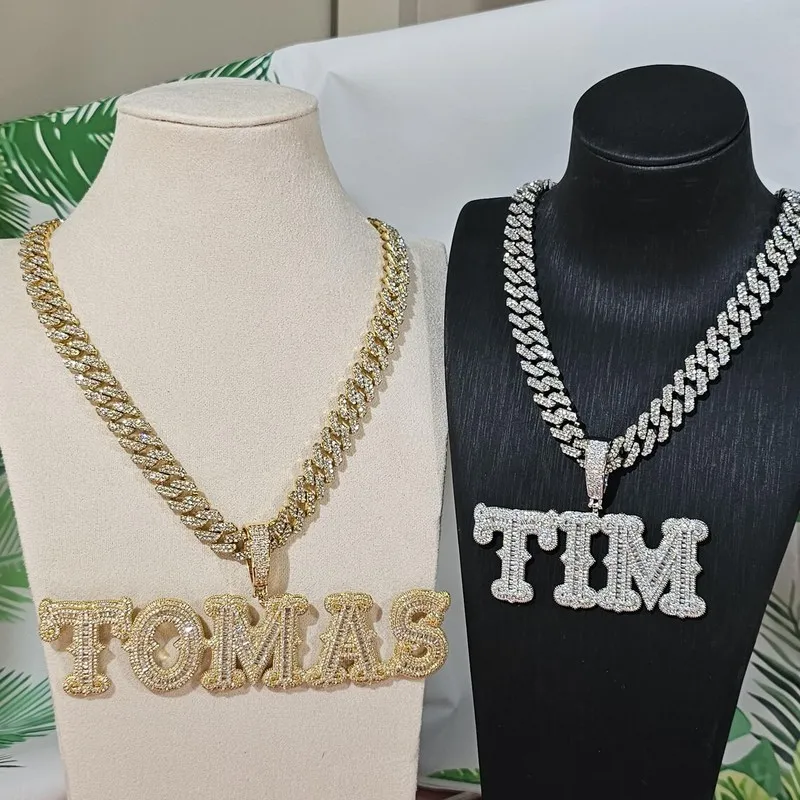 Custom Heavy Baguette Letter Pendant Necklace 5A CZ Copper Hip Hop Bling Jewelry Personalized Name Chain Gold Silver Rapper Gift