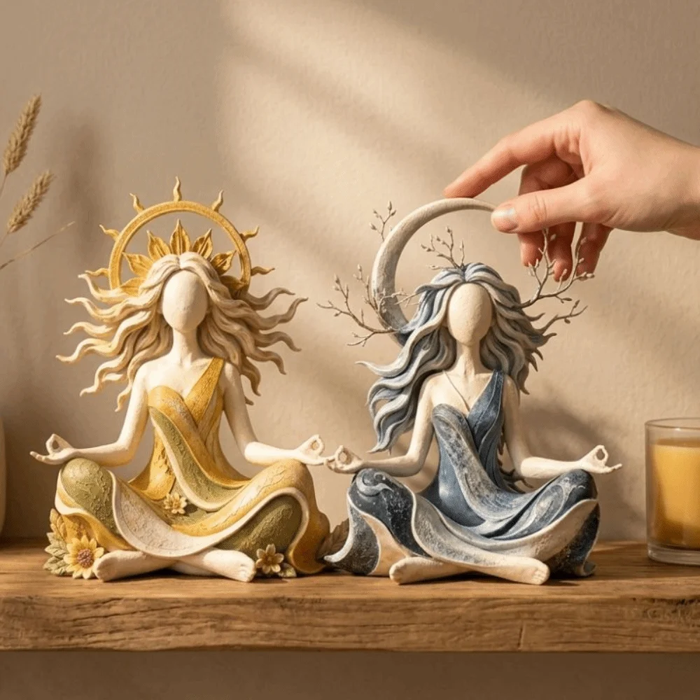 Flowing Hair Sun Moon Goddess Resin Statue Zen Style Branches Leaves Serenity Goddess Figurine Abstract Hand‑Painted