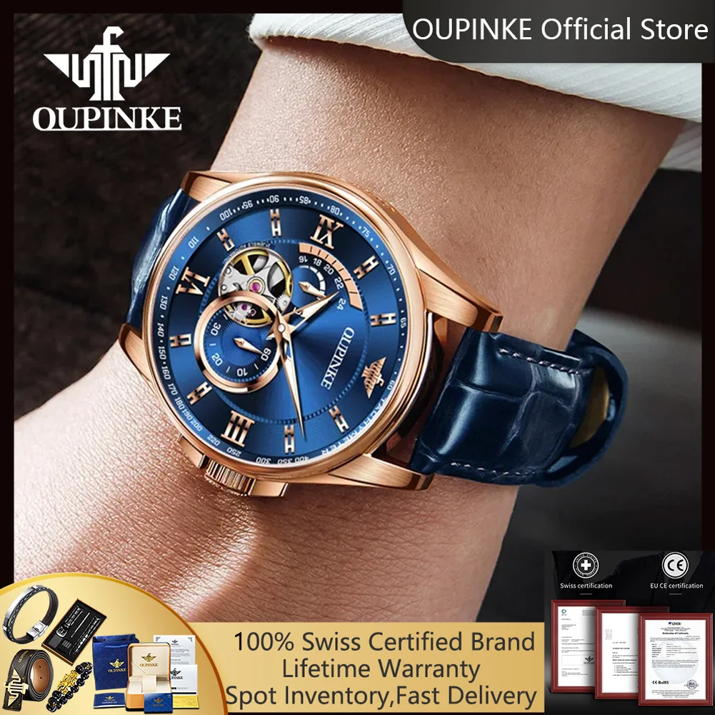 

OUPINKE 3222 мужские часы с полым хронографом, автоматические наручные часы с ремешком из натуральной кожи, водонепроницаемые механические часы для мужчин