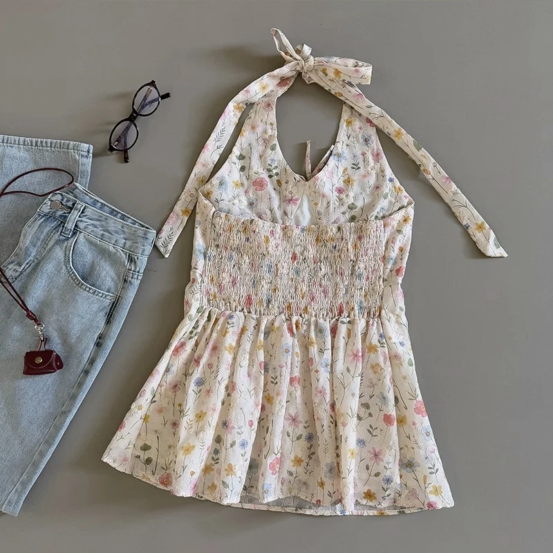 Chique halter camisas para mulheres costura floral impressão sem mangas colheita topos versátil elegante férias praia corda sem costas regata