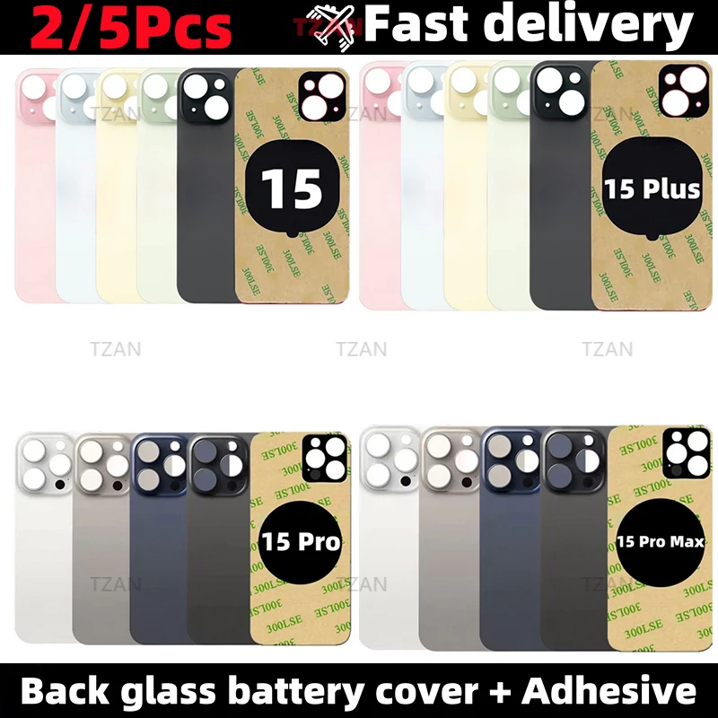 2/5Pcs For iPhone 15 15 Plus 15 Pro 15 Pro Max Back Glass Panel Battery Cover Replacement optimal Big Hole Camera Rear Housing